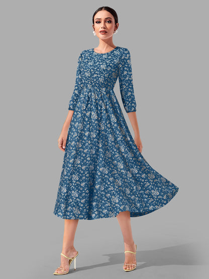 Toochki WomenS Teal Blue Muslin Floral Fit & Flared Western Dress | Dress For Women | A Line Dress | Winter Dress | Western Dre