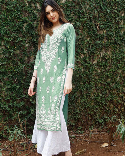 GoSriKi Women's Embroidered Kurta - Rayon Blend, Straight Cut, Large, Green, Model: Victoria Purple-GS