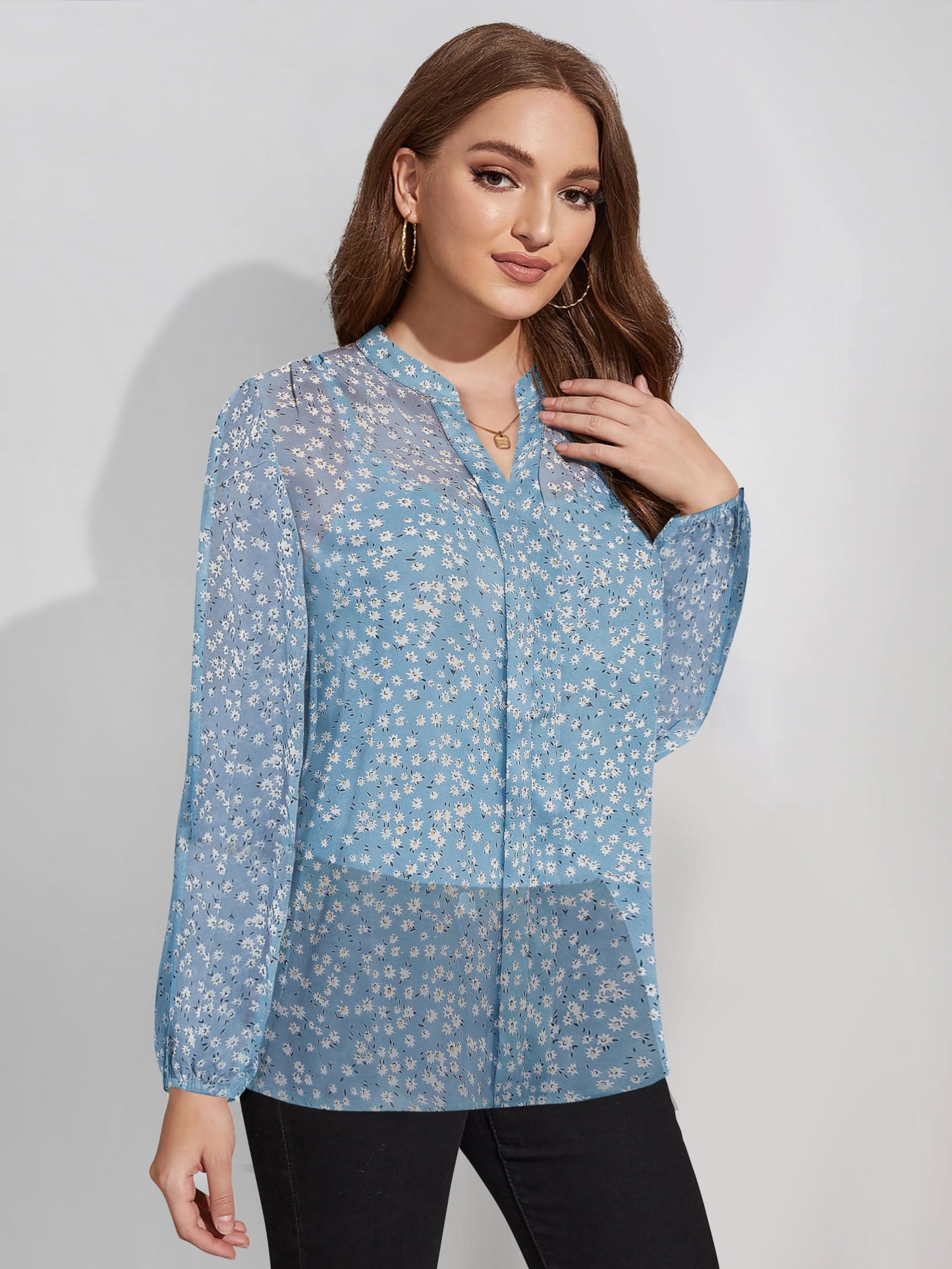 Toochki Sky Blue Georgette Floral Digital Printed Straight Western Shirt top for Women Latest Trendy Women Shirts Tops