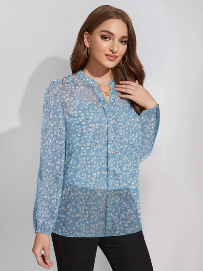 Toochki Sky Blue Georgette Floral Digital Printed Straight Western Shirt top for Women Latest Trendy Women Shirts Tops