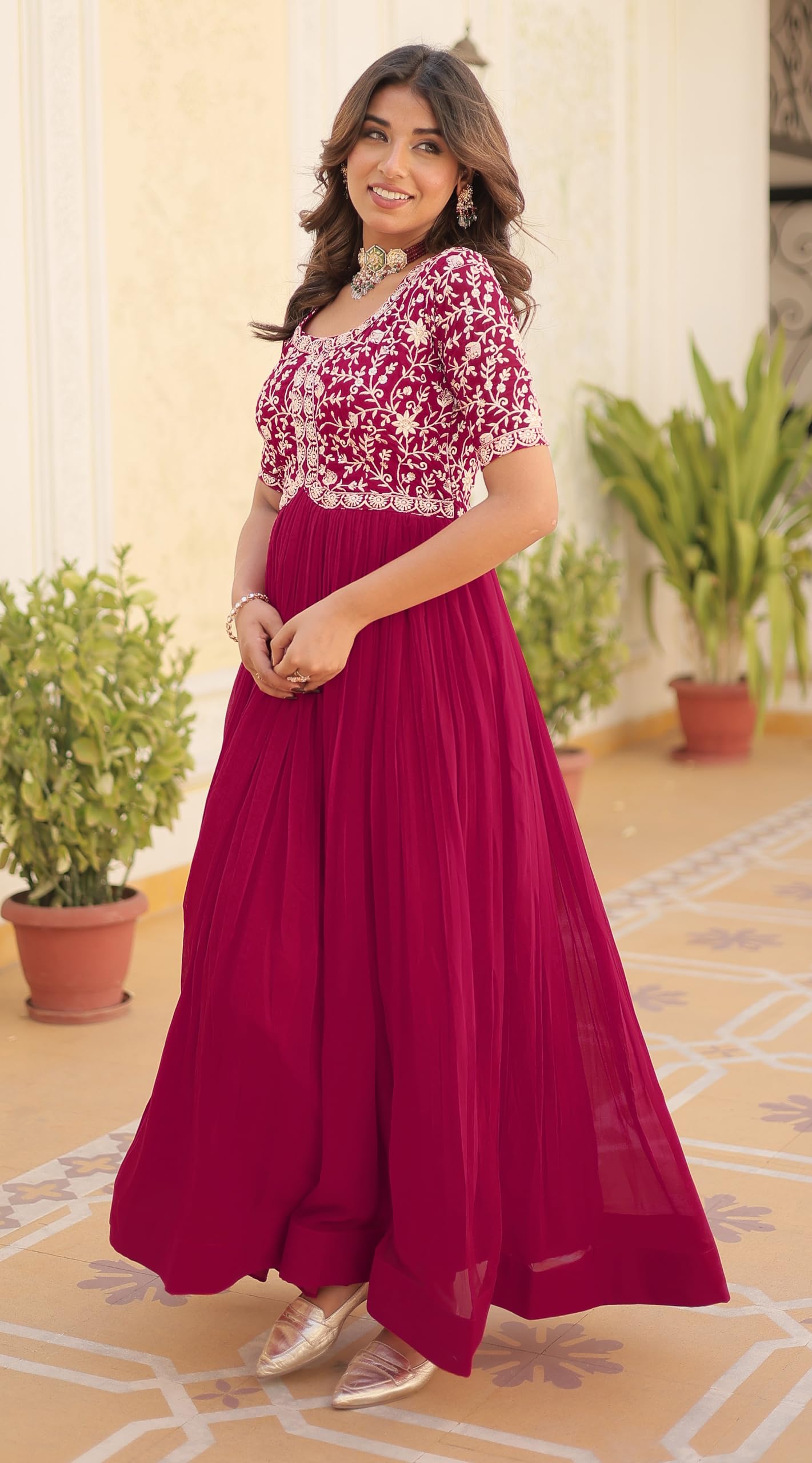 Wedani Georgette Embroidered Long Gown for Women Pink