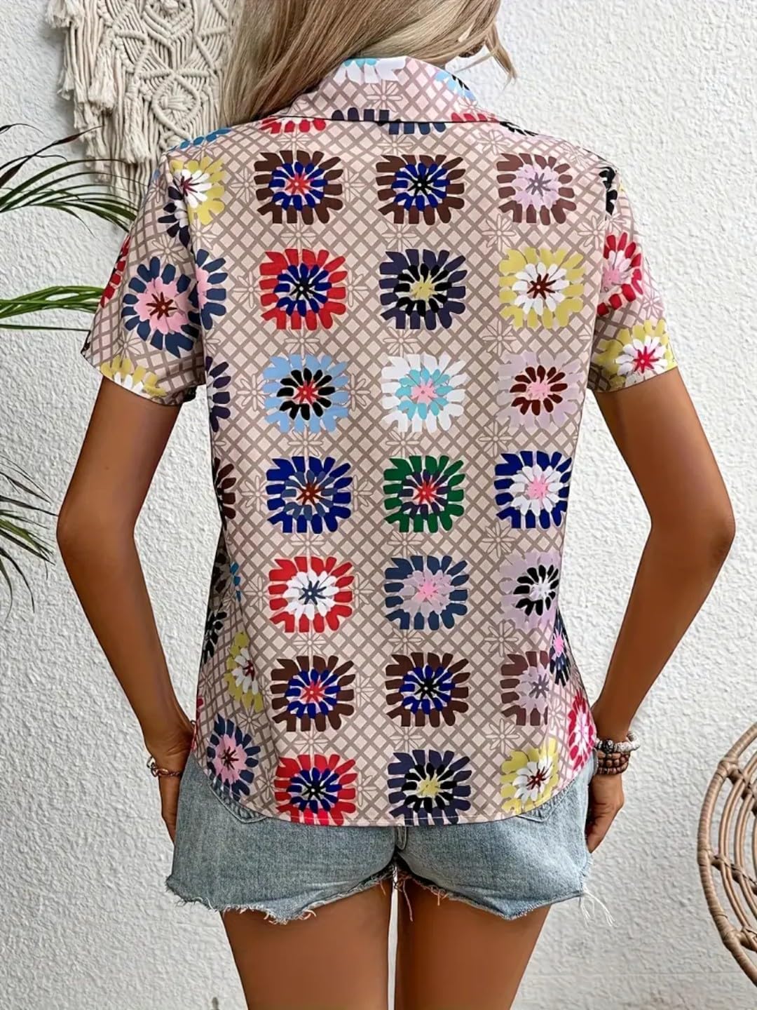 Gufrina WomenS Rayon Top With Half Sleeves Collar Neck Abstract Printed Regular Fit Western Style And Standard Length