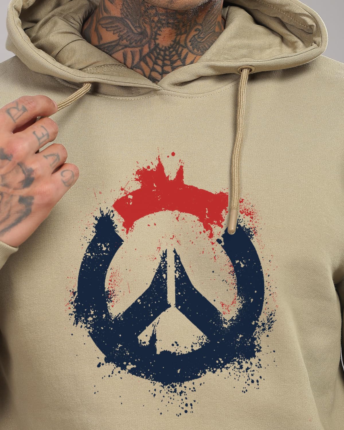 ADRO Men's Cotton Peace Design Hooded Neck Printed Hoodie Sweatshirt (H-M-PC-CH_Beige)