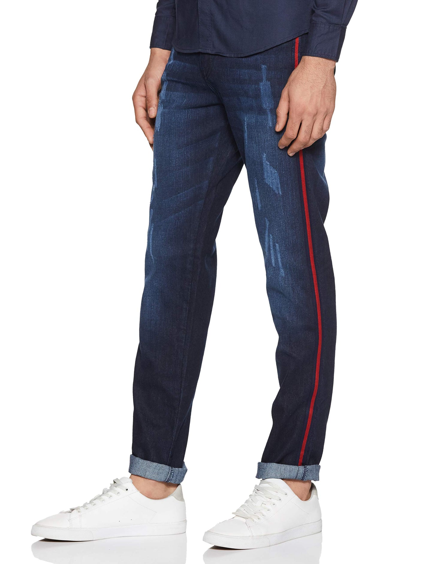 Campus Sutra Mens Classic Blue Dark-Washed Distressed Side Striped Regular Fit Denim Jeans | Mid-Rise Stretchable Cotton Denim J