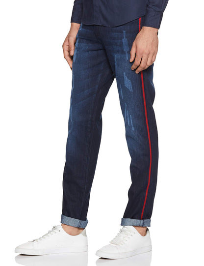 Campus Sutra Mens Classic Blue Dark-Washed Distressed Side Striped Regular Fit Denim Jeans | Mid-Rise Stretchable Cotton Denim J