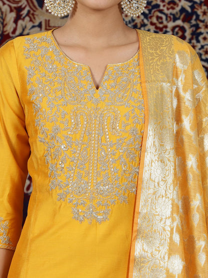 Aurelia WomenS Yarn Dyed Flared Kurta Set With Palazzos And Dupatta For Women