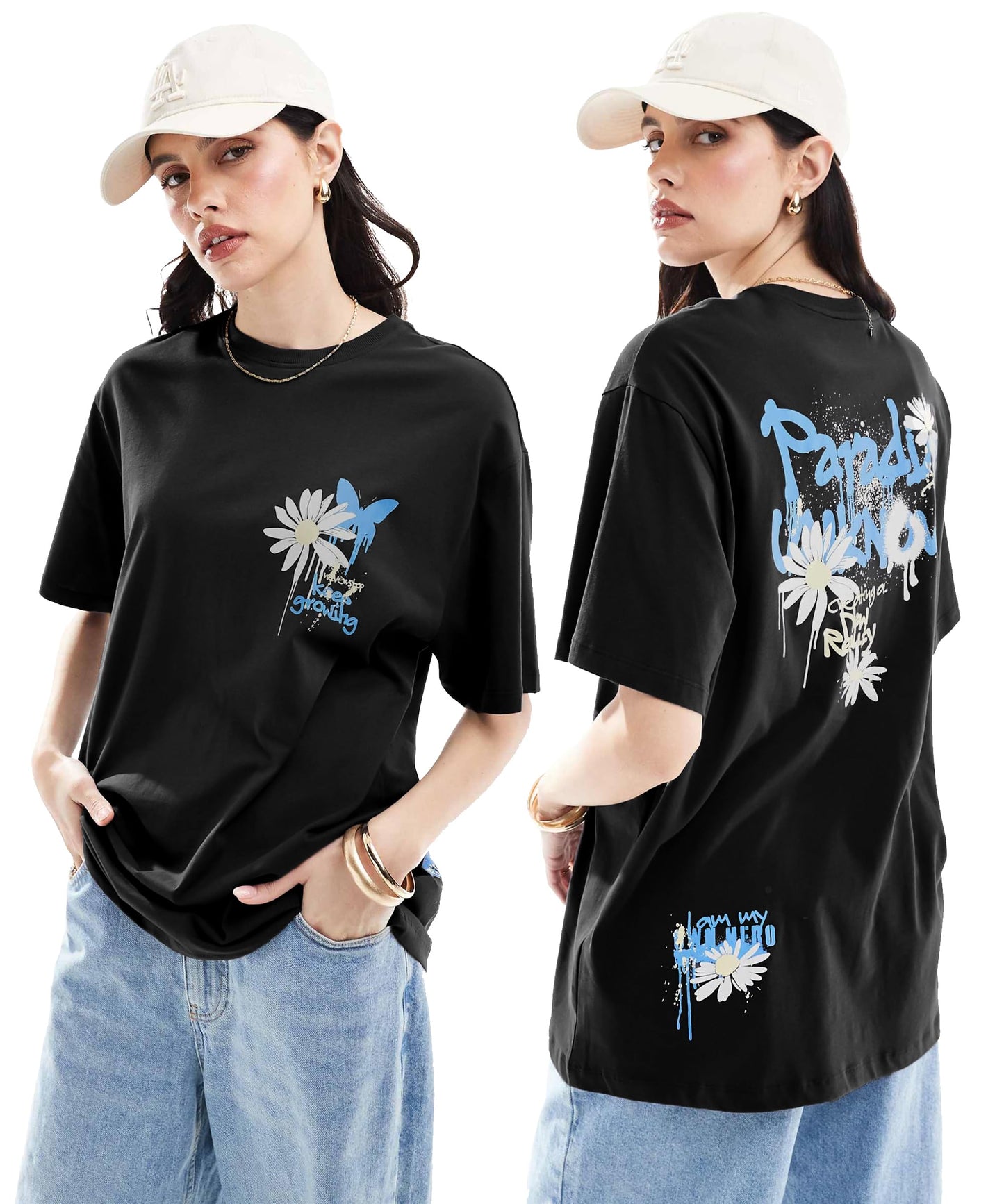 SHODOX100% Pure Cotton Womens Oversized Drop Shoulder Front & Back Printed T-Shirt (Pack of 1)