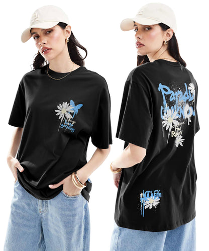 SHODOX100% Pure Cotton Womens Oversized Drop Shoulder Front & Back Printed T-Shirt (Pack of 1)