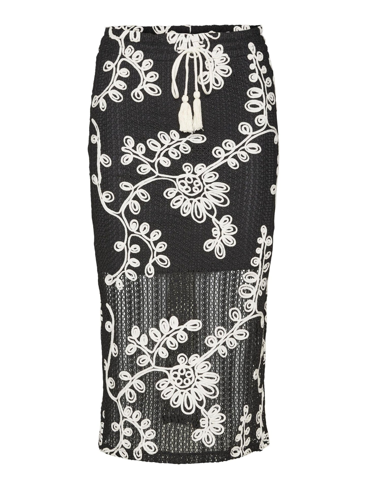 Vero Moda Women Embroidered Black Polyester Straight Fit High Rise Midi Length Skirt