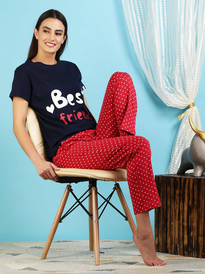 Evolove WomenS Cotton Round Neck Short Sleeves Night Suit Set/Top Pyjama Set Super Soft Comfortable (Denim Navy, Npskcs23S6019-