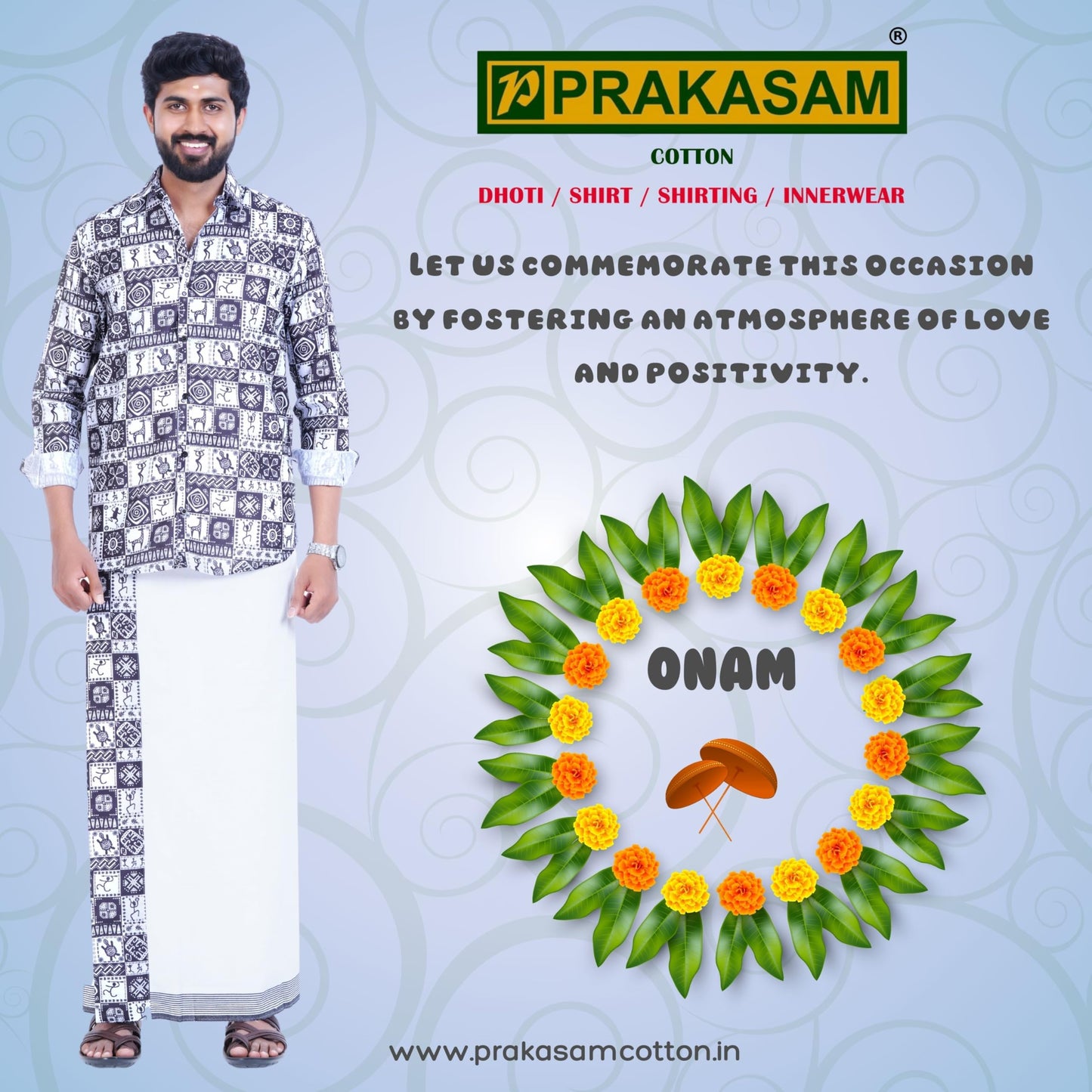 Prakasam Cotton Mens Colour Onam Special Printed Full Sleeve Slim Fit Multi Colour Shirt Matching With Border Single Dhoties For