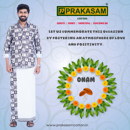 Prakasam Cotton Mens Colour Onam Special Printed Full Sleeve Slim Fit Multi Colour Shirt Matching With Border Single Dhoties For