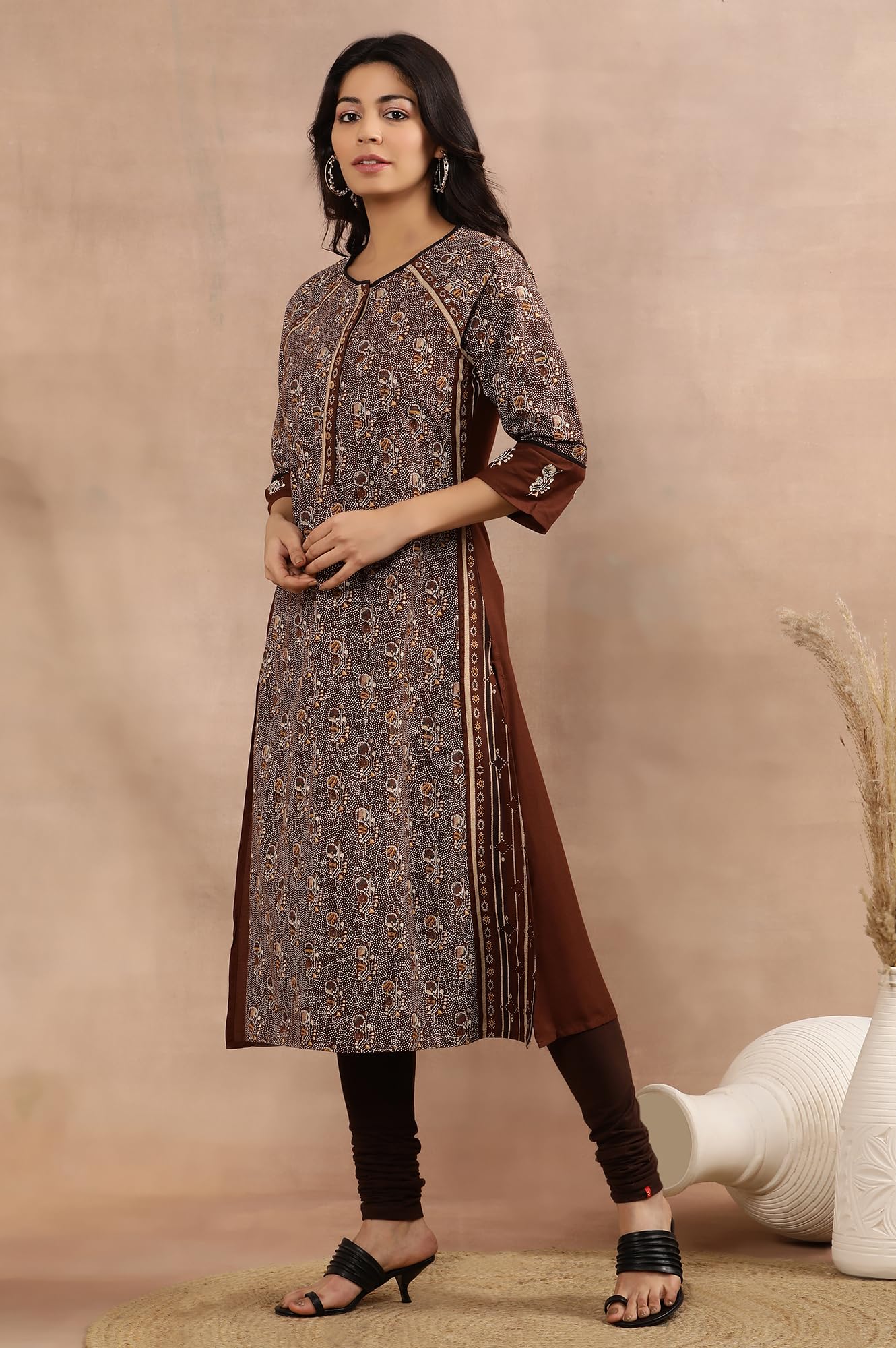W for Woman W Women Brown Printed Viscose A-Line Kurta set with Churidar & Dupatta