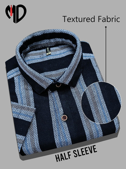 Mildin MenS Cotton Blend Striped Printed Shirt With Spread Collared Neck Half Sleeve Button Closure Regular Fit Straight Standa