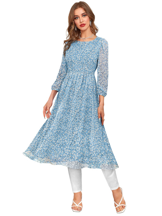 Toochki WomenS Sky Blue Georgette Floral Fit & Flared Regular Fit