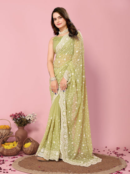 Vairagee Women Soft Georgette Emroidery Saree With Sequence Work Unstitched Blouse (6246)