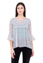 POPWINGS Printed Chiffon Peplum Tops for Women || 3/4th Sleeves Square Neck Women Tops for Summer || Stylish Western Smocking Wo