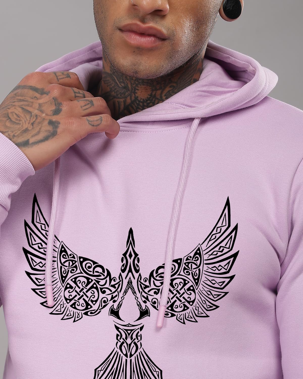 ADRO Men's Cotton Neck Hooded Sweatshirt (H24-BIRD-PU_Lavender