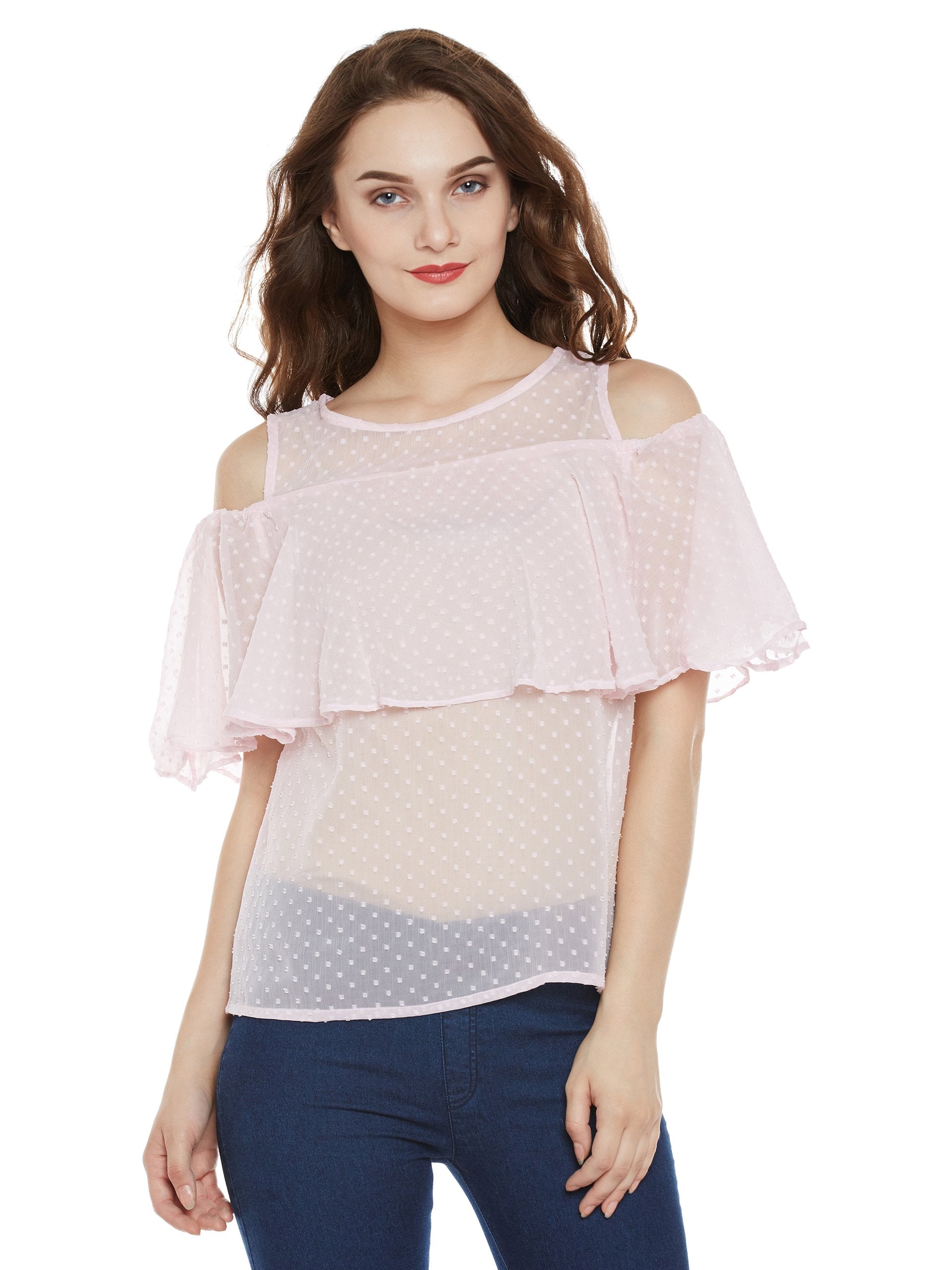 Miss Chase Womens Pink Ruffled Cold Shoulder Top(MCS17TP08-65-122-02_Pink_X-Small)