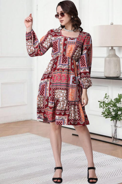 Popwings Women Casual Boho Printed Red Peplum Dress