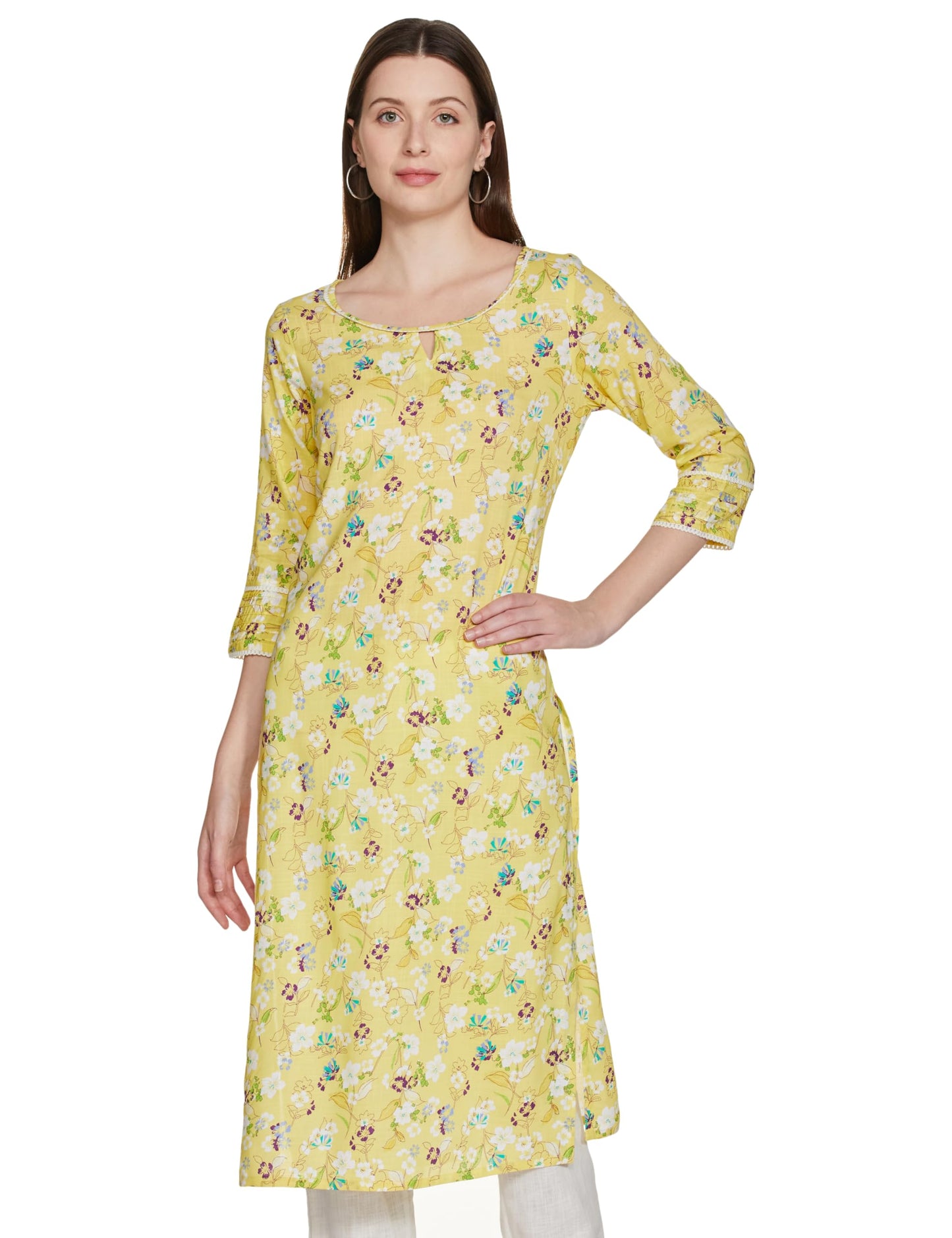 Aurelia Women's Viscose Floral Regular Kurta (23FEA14102-507154_Yellow_XS