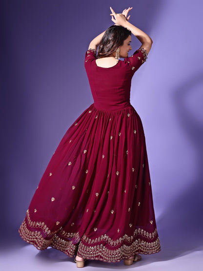 Fashion Basket Georgette Embroidered Long Gown For Women Maroon