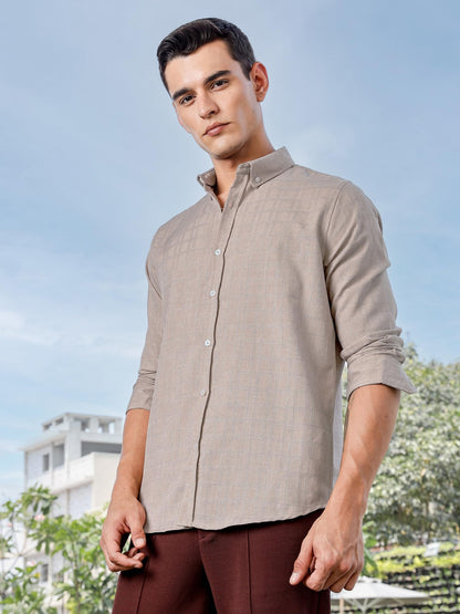 Thomas Scott Mens | Solid | Long Sleeve | Polyster Blend | Casual | Button Down Collar | Shirts for Men(TS1718_Beige)
