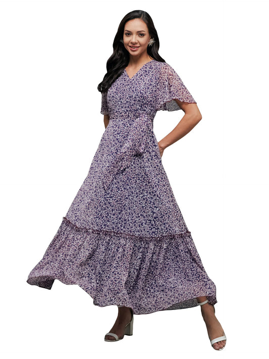 Miss Chase Womens V Neck Flared Sleeve Floral Wrap Chiffon Maxi Dress (MCSS25D93-23-434-05, Multicolored Base Eggplant Purple, 
