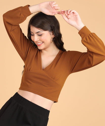 POPWINGS Women Casual Self Design Rust Deep V Neck Full Sleeve Crop Top