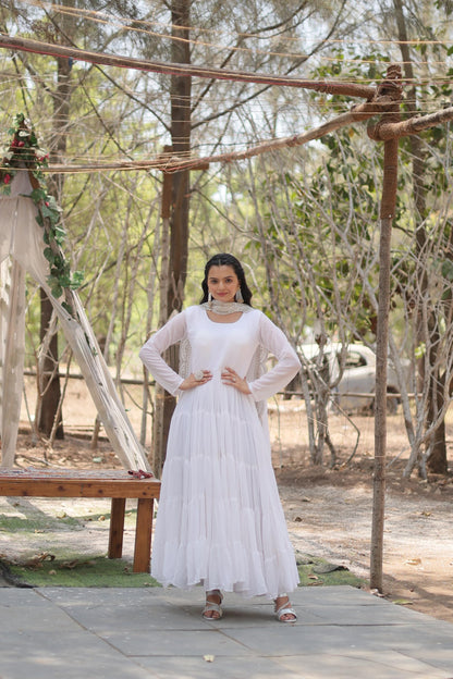 Fashion Basket WomenS Georgette Solid Anarkali Dress White