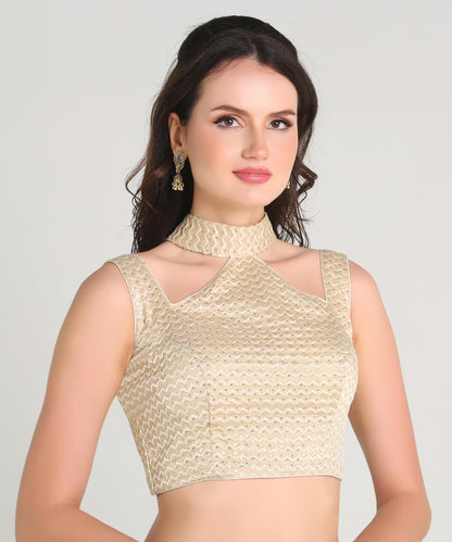 Pujia Mills WomanS Readymade Sleeveless Gold Blouse Halter Neck With String Pattern Backless Ethnic Wear Pattern Choli Blouse