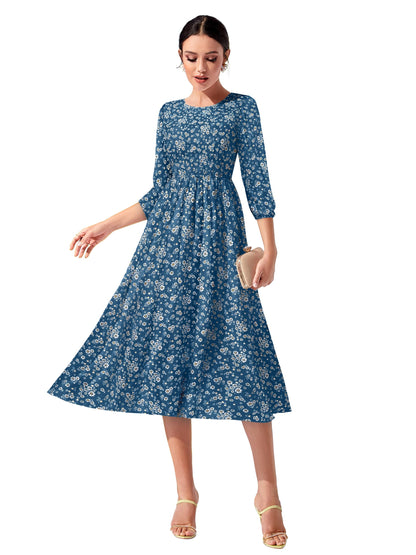 Toochki WomenS Teal Blue Muslin Floral Fit & Flared Western Dress | Dress For Women | A Line Dress | Winter Dress | Western Dre