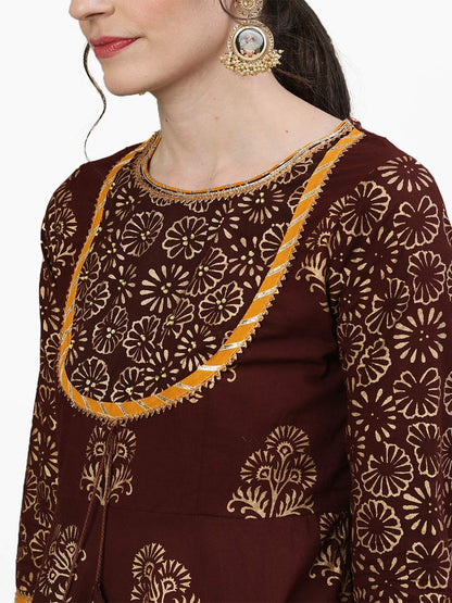 ishin Women's Cotton Brown Embellished Peplum Kurta Sharara Dupatta Set