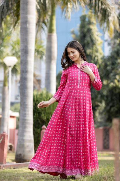rytras Womens Rayon Printed Anarkali Kurta(RYT256,XL) Pink