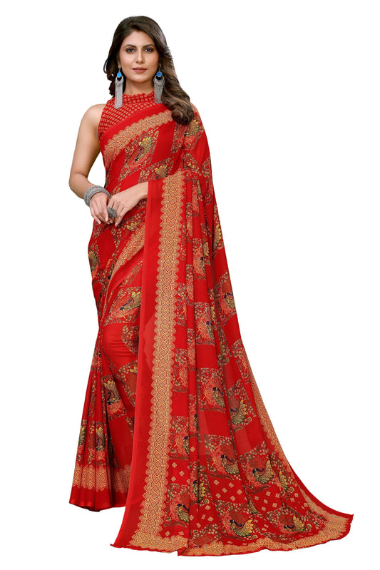 Yashika Womens Trendy Printed Georgette Red Color Saree with Blouse Material(RAMBHA RED)