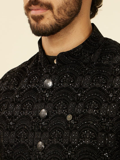 Manyavar Black Velvet Embroidery|Sequin Work Jackets For Men