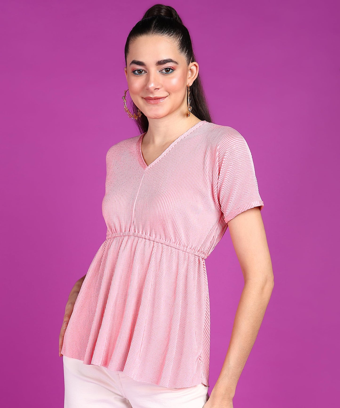 POPWINGS Wrinkle Shimmer Peplum Tops for Women | Peplum Tops for Women Half Sleeves V-Neck Top for Women | Stylish Tops for Wome