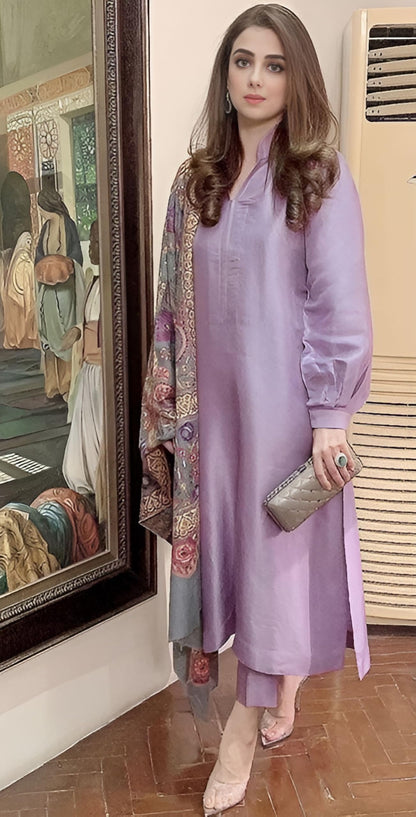 GoSriKi Pakistani Kurta with Pants & Dupatta, Rayon, Medium, Purple, Model Mawra Purple-GS