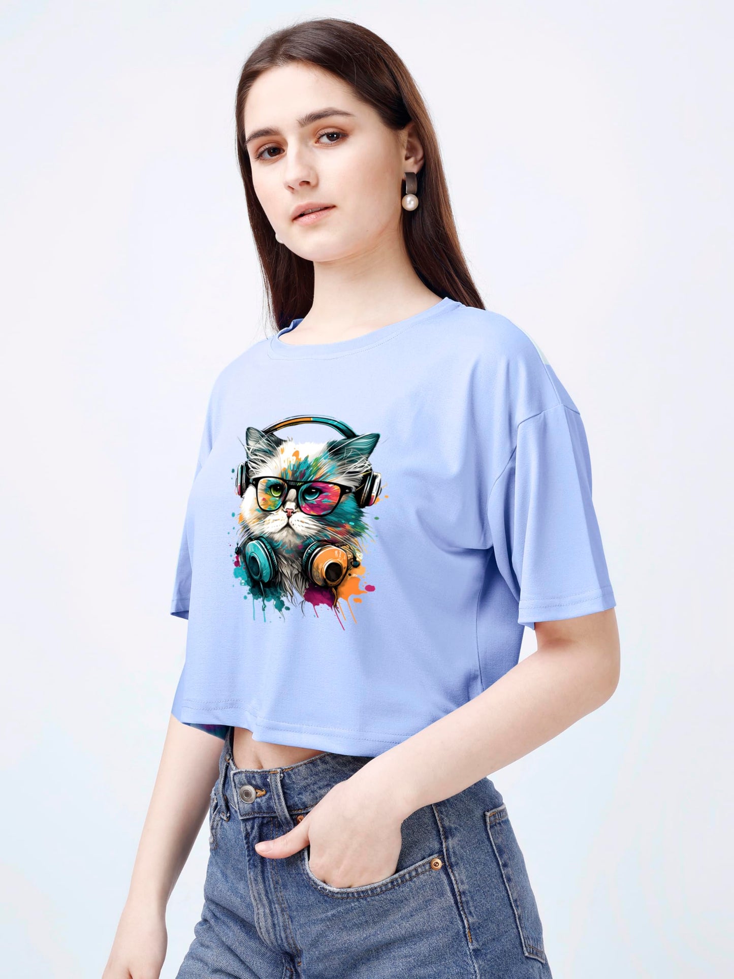 ELLITI Soft Rich Cotton Casual Cat Face Printed Sky Colour Half Sleeve | Round Neck | Oversized/Loose Fit | Down Solder | Rainbo