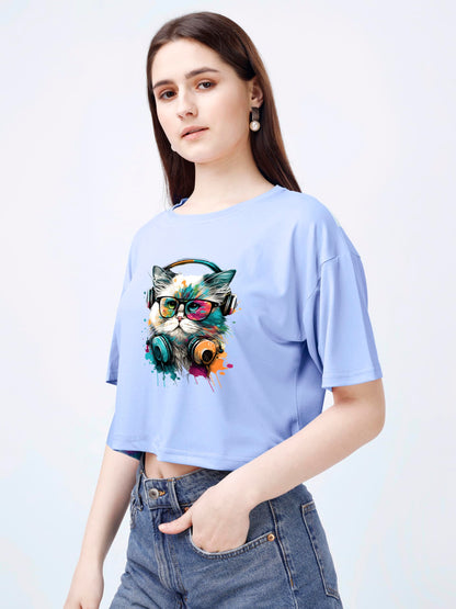 ELLITI Soft Rich Cotton Casual Cat Face Printed Sky Colour Half Sleeve | Round Neck | Oversized/Loose Fit | Down Solder | Rainbo