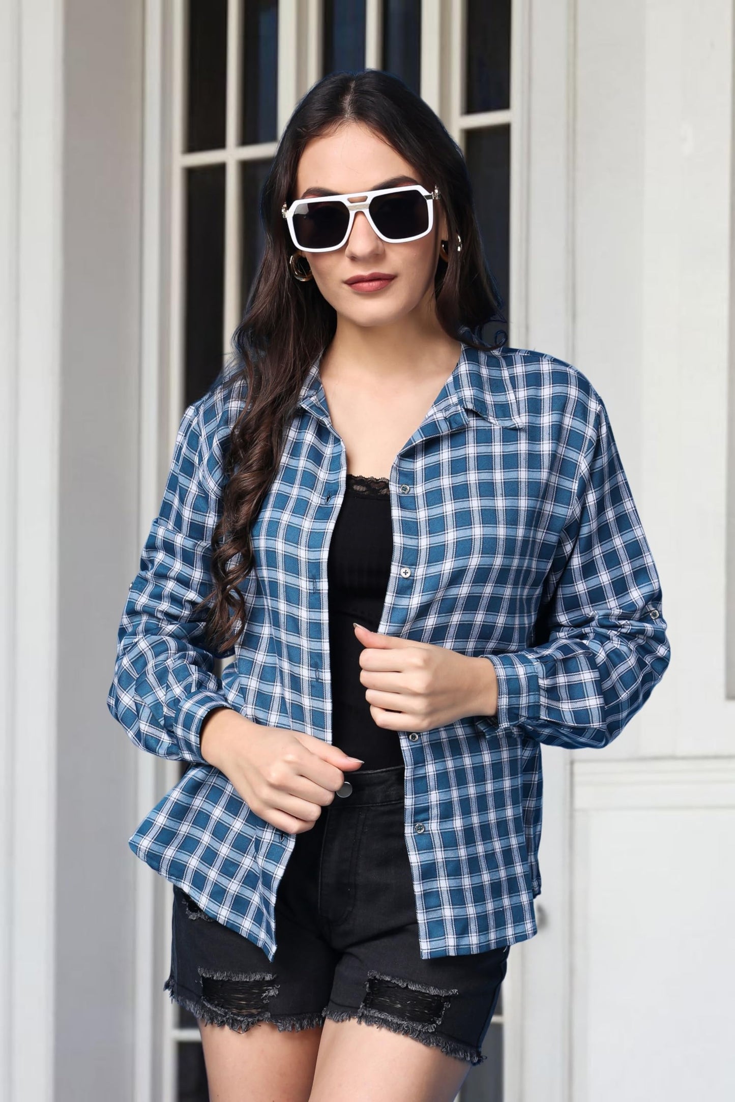 POPWINGS Casual Checks Print Shirt for Women | Cotton Full-Sleeves Women Shirt | Summer Shirt for Women | Stylish Shirt for Wome