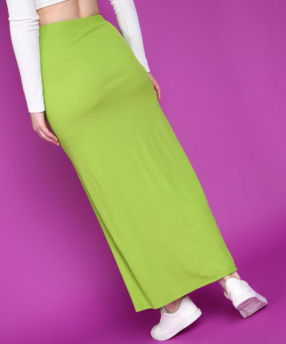 POPWINGS Women Casual Lime Green Long Slit Self Design Rib Skirt