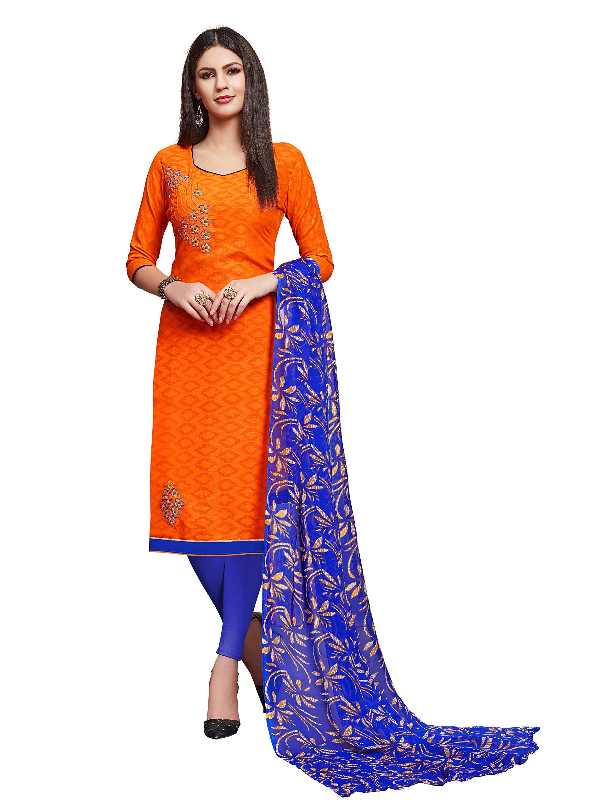 Anni Designer Womens Orange Color Cotton Blend Embroidered Printed Dupatta Churidar Dress Material(Divyanshi 2 2013 Gangour_Ora