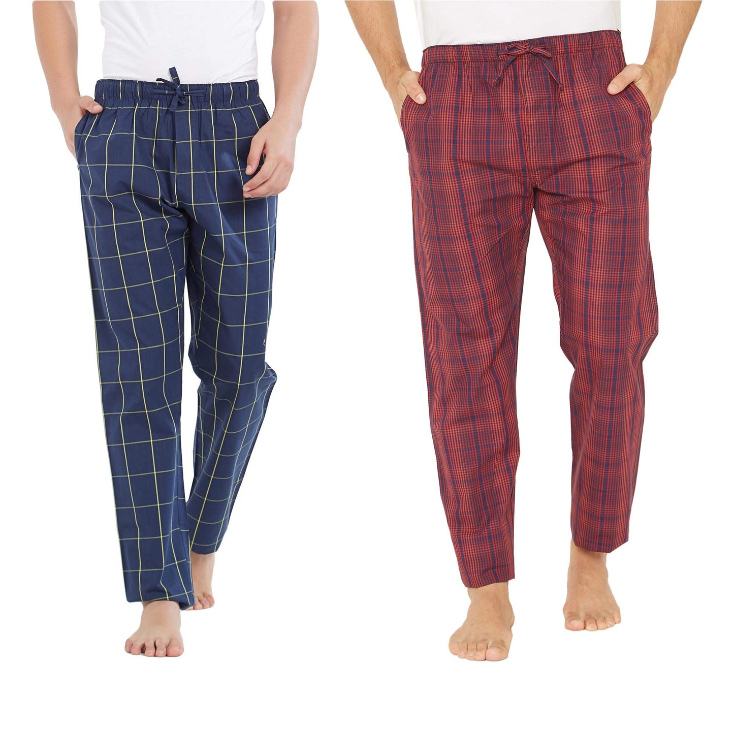 XYXX Mens Super Combed Cotton Checkered Checkmate Pyjamas [Pack of 2] Elasticated Waist, Drawstring | Loungewear for Men in Red