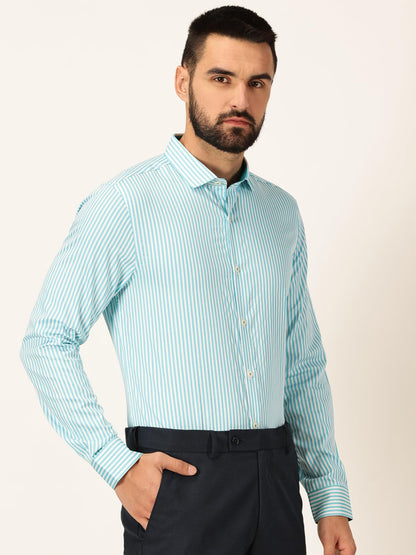 Thomas Scott 100% Cotton Strpes Slim Fit Formal Shirts for Mens Aqua