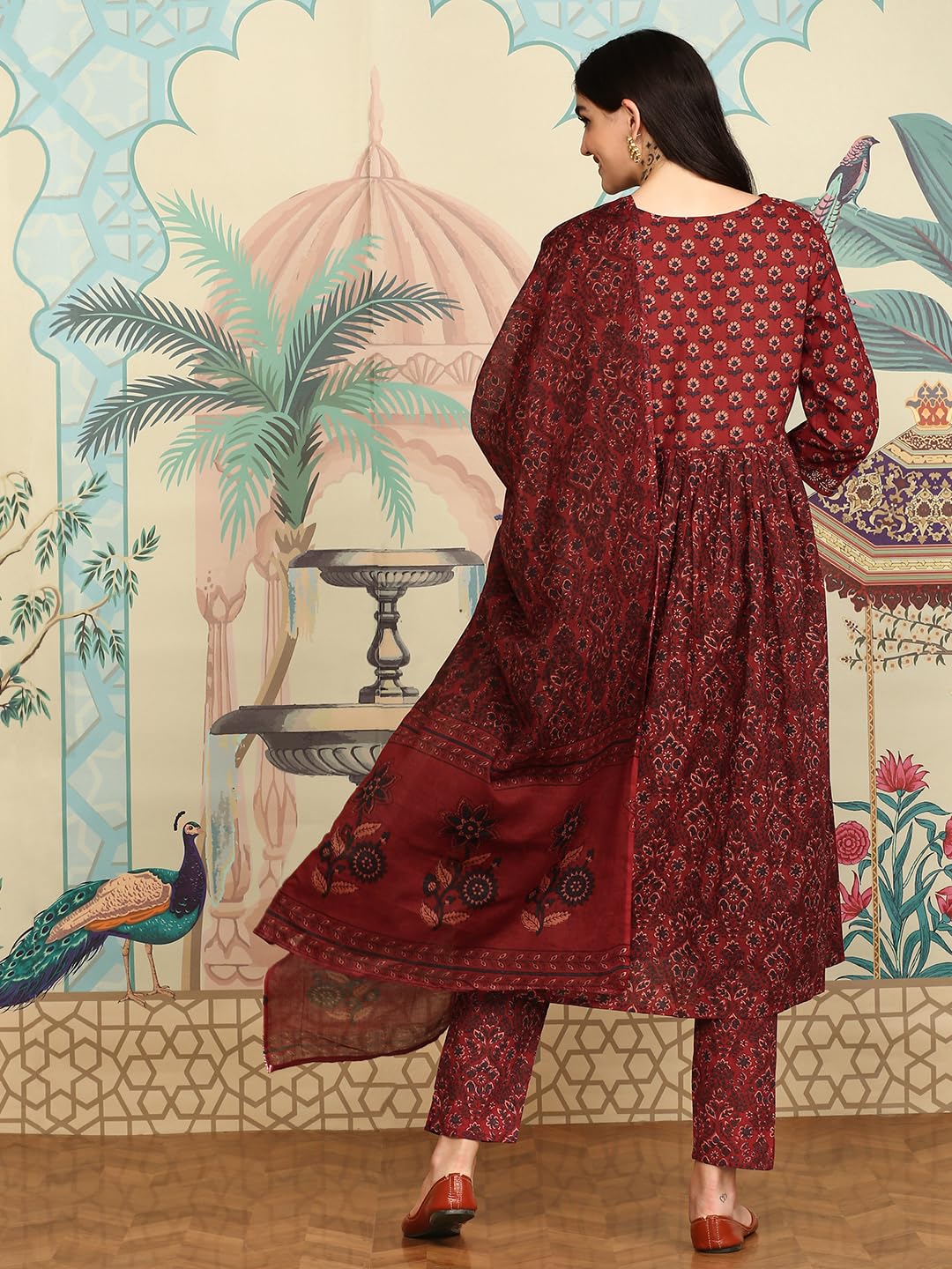 Ishin Women Red Cotton Kurta Sets With Dupatta