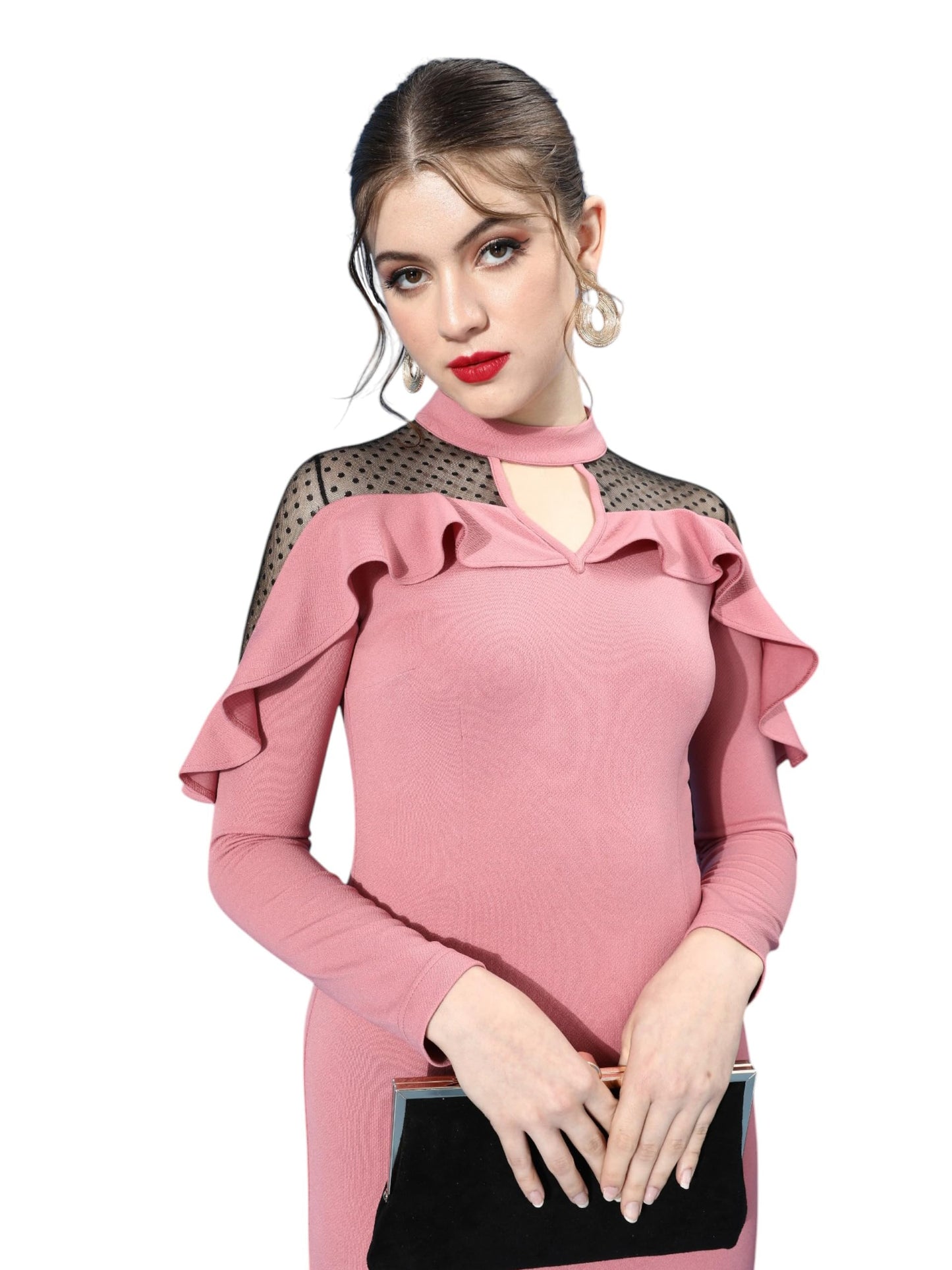 Miss Chase Womens Collared V-Neck Full Sleeve Dress (MCSS25D93-11-234-05, Dusty Pink, L)