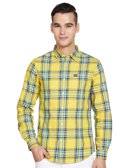 The Indian Garage Co Yellow Regular Fit Spread Collar Checkered Long Sleeves Shirt