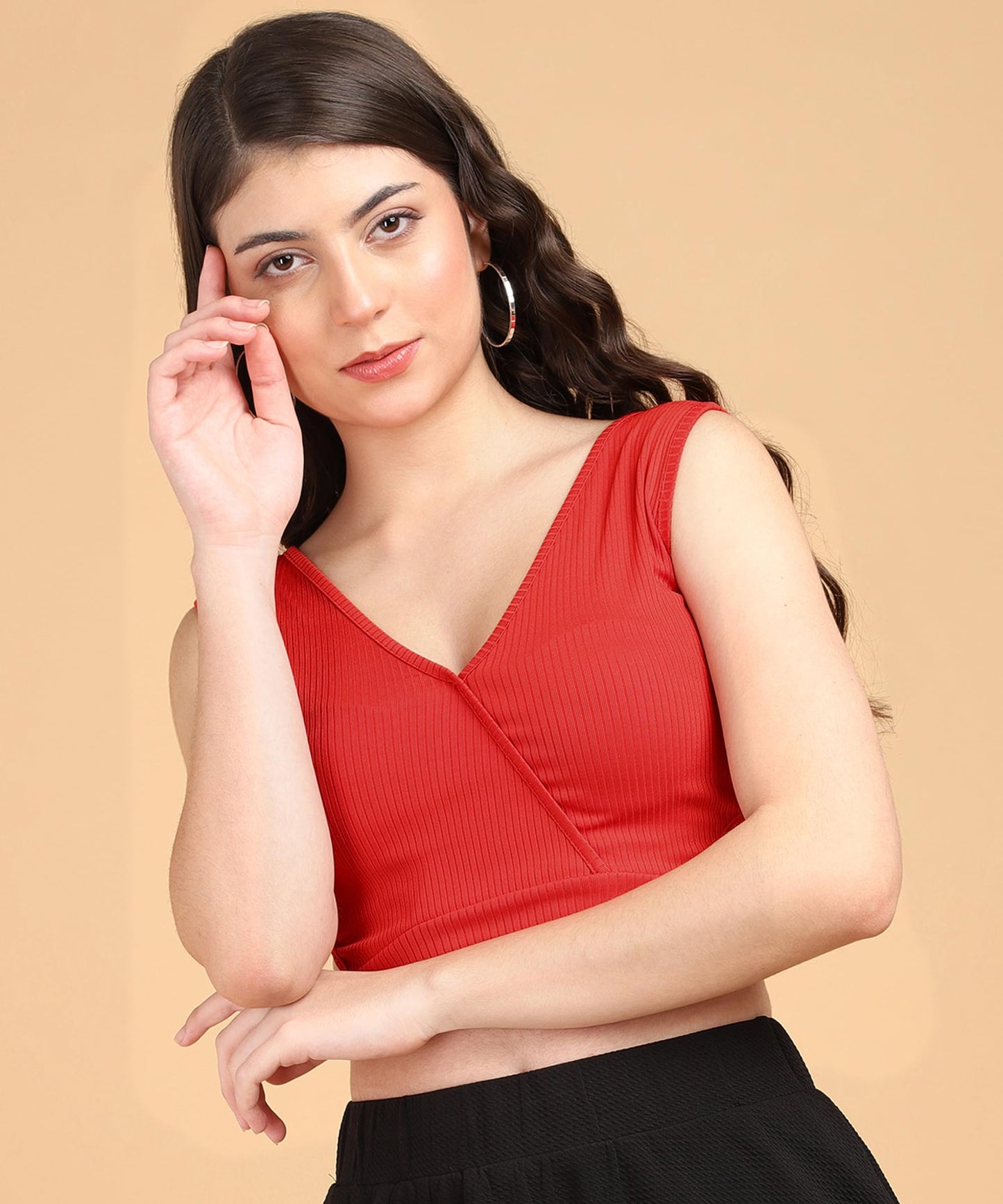 POPWINGS Women Casual Red Self Design Rib Deep V Neck Sleeveless Cutout Crop Top