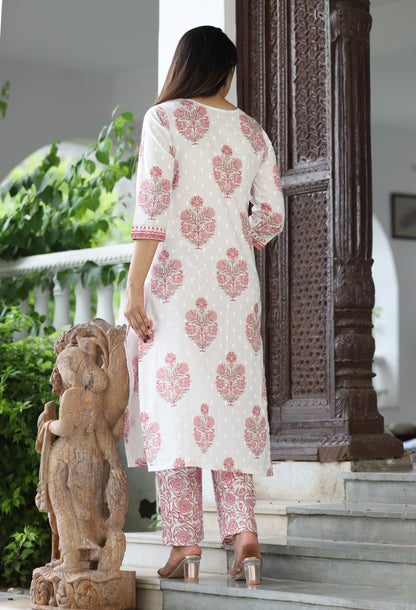 G4Girl Jaipuri Pure Cotton Kurti Pant With Dupatta For WomenS (White-Peach)